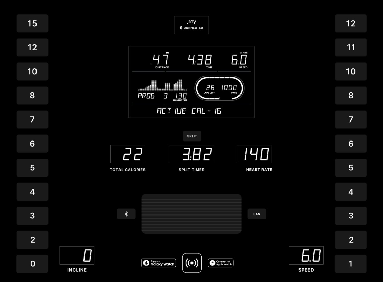 Console mockup iteration with a compact seven-segment LED display and total calories, split timer and heart rate shown in LED digits below.
