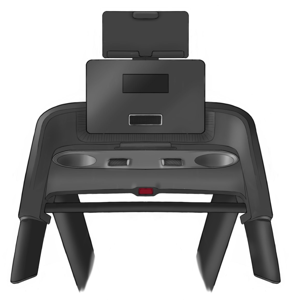 Industrial designer's rendering of the BowFlex T6 treadmill viewed from the front, showing the console faceplate with a central LED window, a tablet mounted above, cup holders, quick-key zones, and a red safety stop.