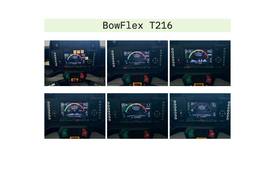 Competitive analysis board for the BowFlex T216 treadmill, showing six photos of its curved LED console across different workout modes.