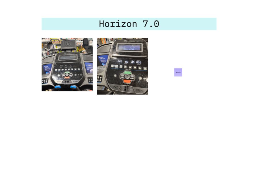 Competitive analysis board for the Horizon 7.0 treadmill console, with two photos of its display and button layout.
