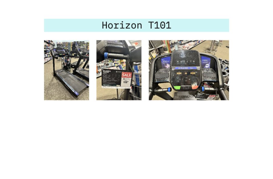 Competitive analysis board for the Horizon T101 treadmill, showing the full machine and close-ups of its console.