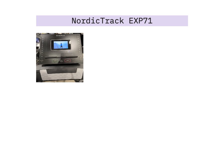 Competitive analysis board for the NordicTrack EXP71 treadmill, showing its small touchscreen console.