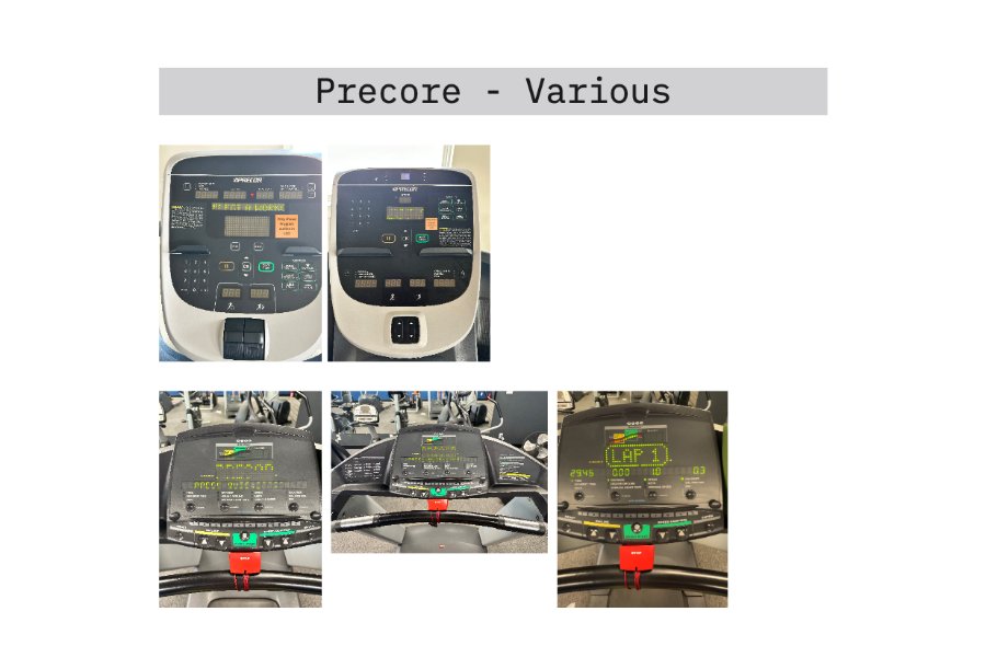 Competitive analysis board for various Precor treadmill consoles, showing their green dot-matrix displays and layouts.