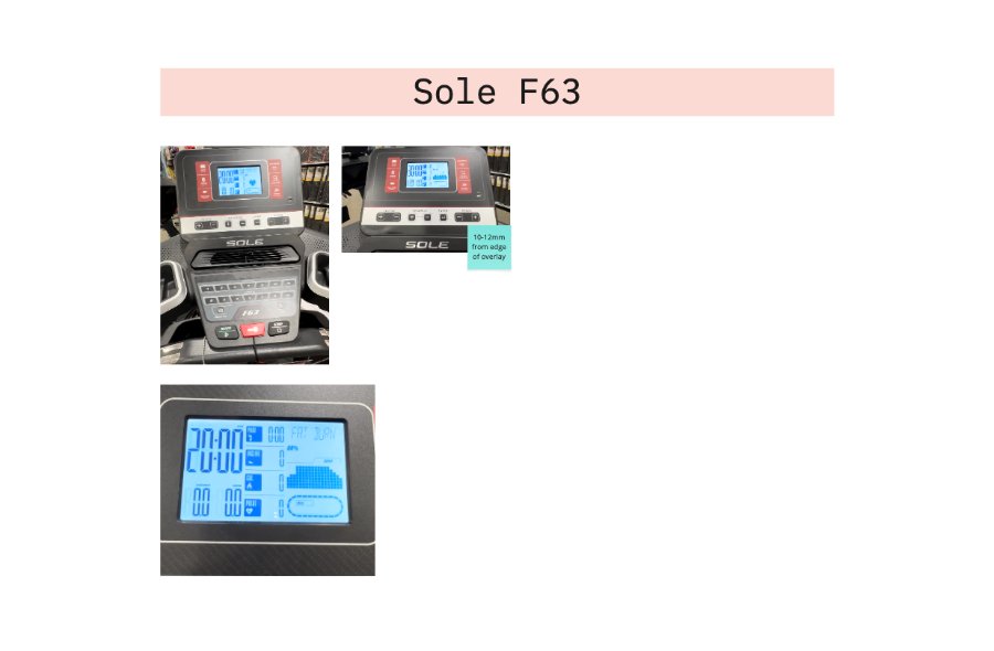 Competitive analysis board for the Sole F63 treadmill, showing photos of its blue LCD console and a note about the overlay edge spacing.