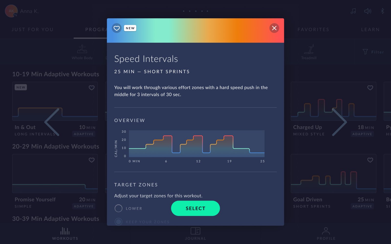 After: JRNY workout preview modal with a colored brickyard graph showing target zones and clearer workout context.