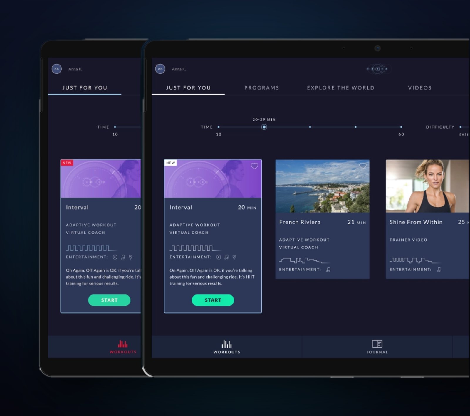 JRNY redesigned color system shown across two tablet screens.