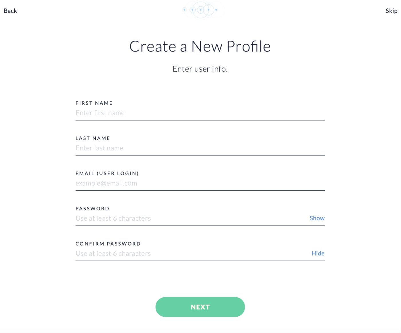 JRNY Create a New Profile form with light-blue Show/Hide links and a green Next button, audited for color usage.