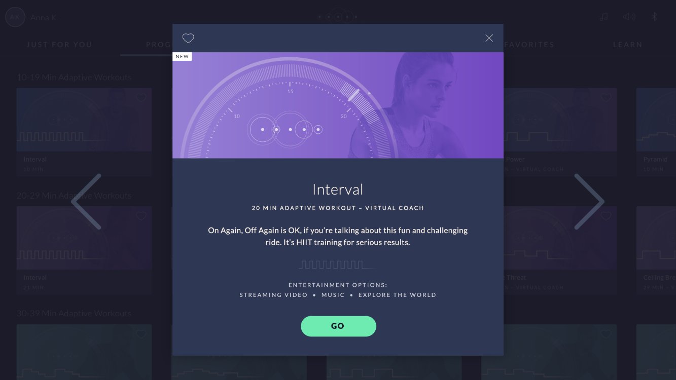 JRNY workout preview modal after the color update, with a white NEW badge and a GO button with dark, AA-passing text.