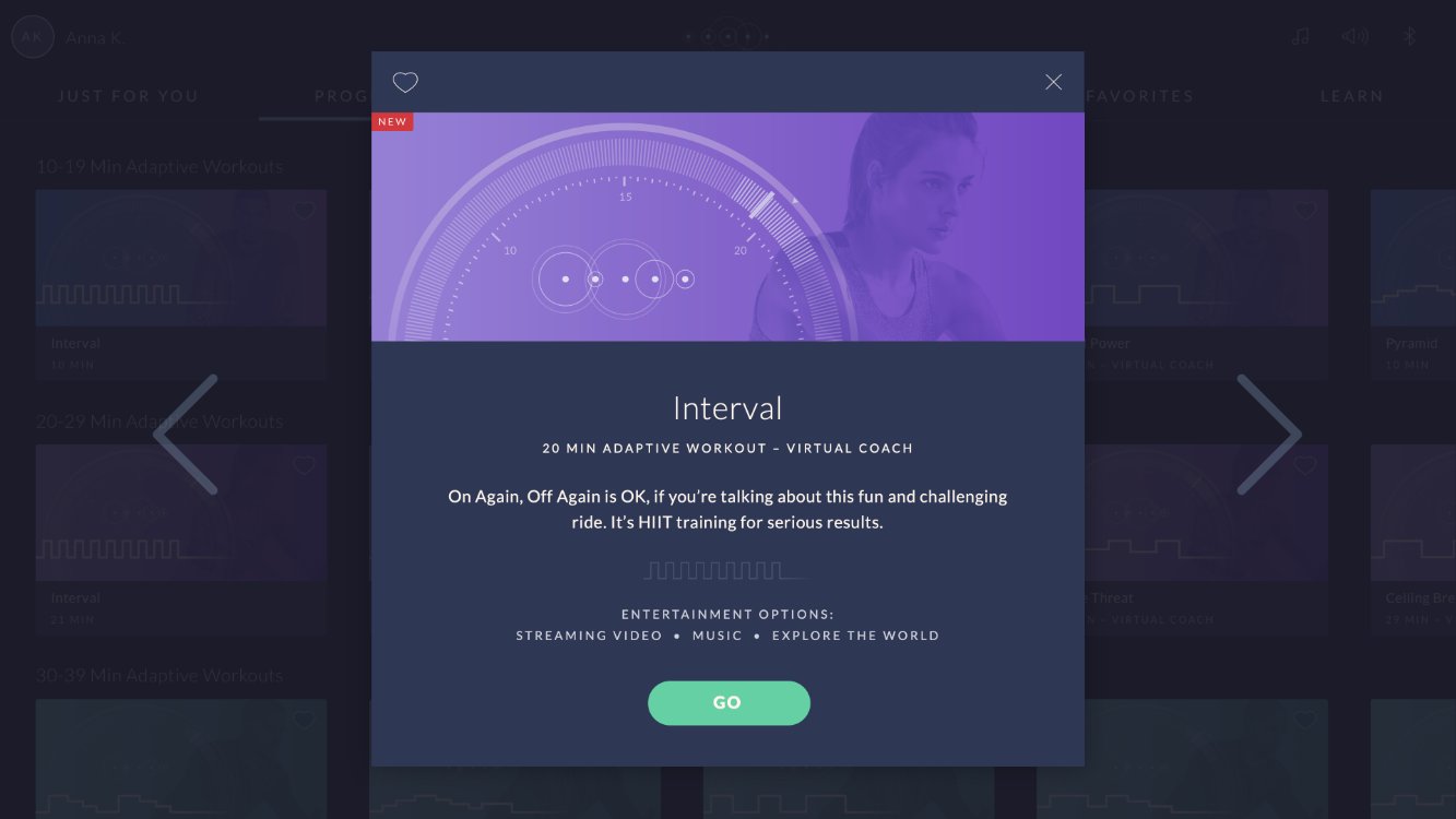 JRNY workout preview modal before the color update, with a red NEW badge and a green GO button with low-contrast text.