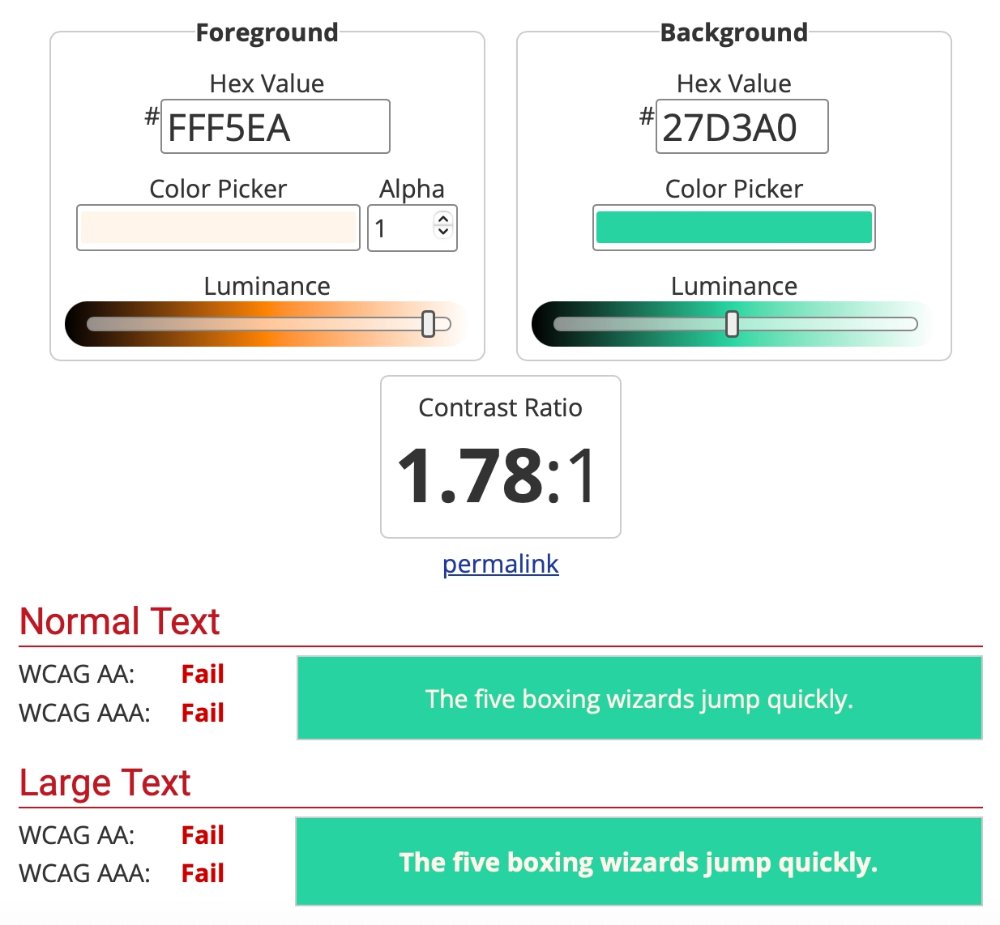 WCAG contrast checker showing the main CTA (off-white text on the green button background) at a 1.78 to 1 ratio, failing AA and AAA for both normal and large text.