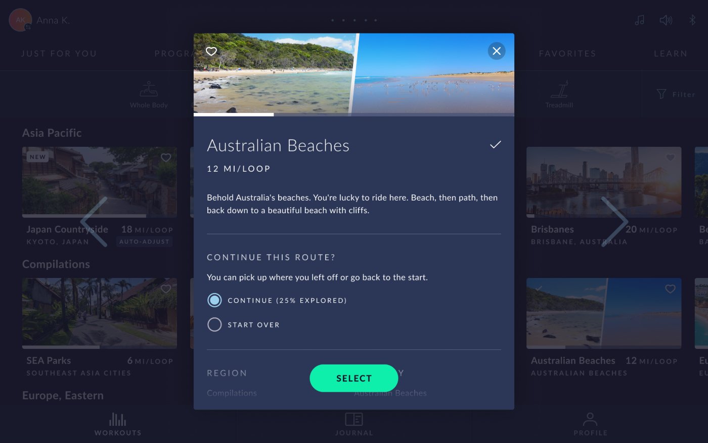 JRNY Explore the World preview modal showing a completed route with a checkmark and completion state.