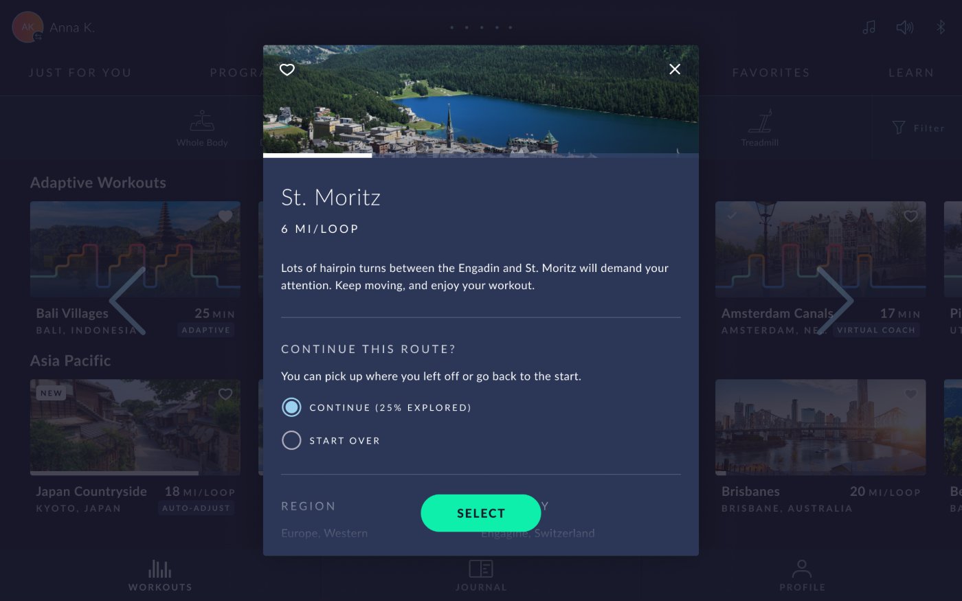 JRNY St. Moritz route modal with the new Continue This Route prompt: Continue (25% explored) or Start Over, above a Select button.