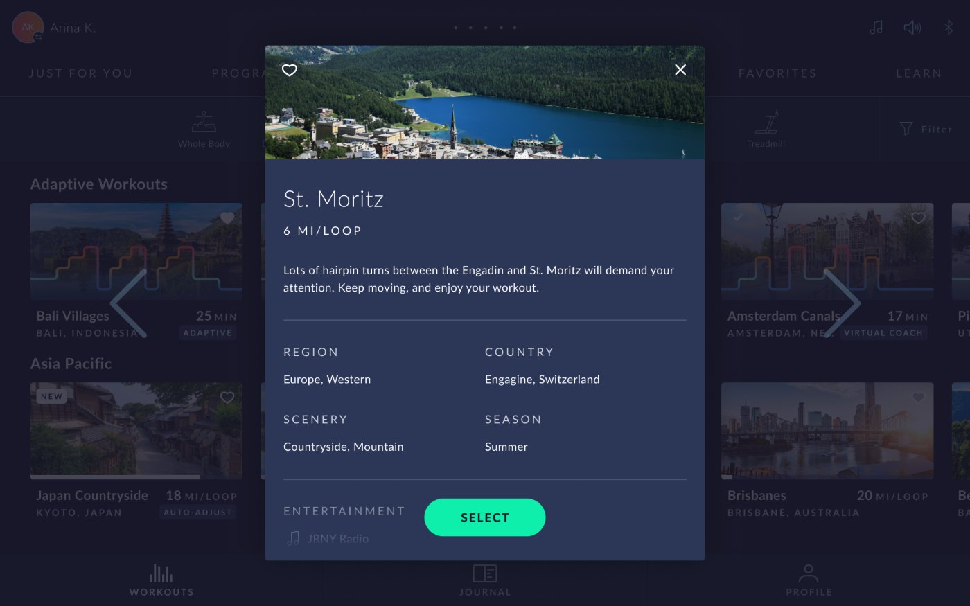 JRNY St. Moritz route modal without the resume prompt: shows route details, region, country, scenery, and season above a Select button.
