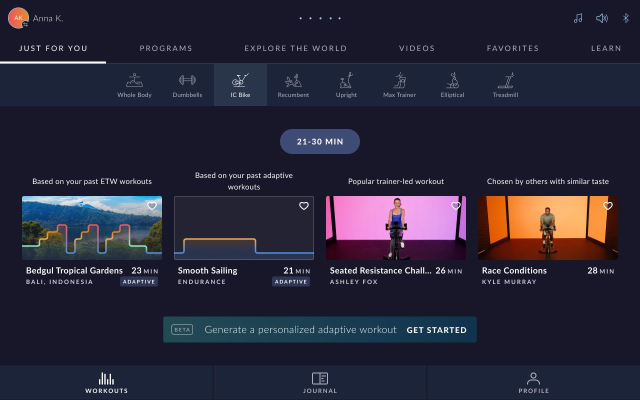 JRNY Just For You landing page with a Generate a personalized adaptive workout banner and Get Started button at the bottom.