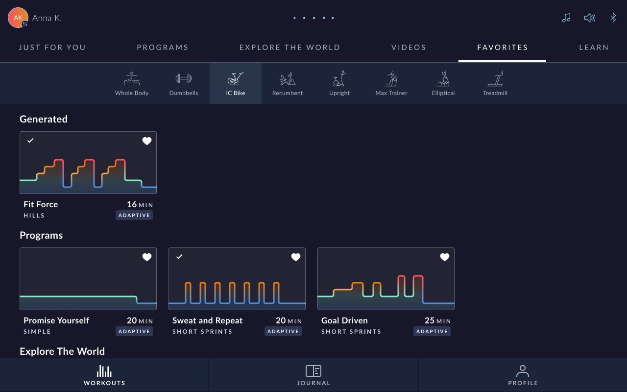 JRNY Favorites tab with a Generated section at the top showing a saved generated workout above the Programs favorites.