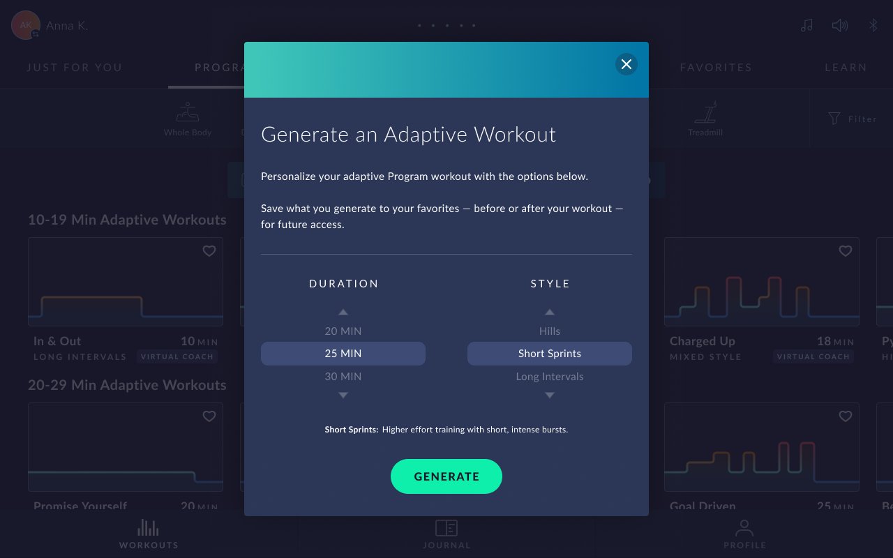 JRNY Generate an Adaptive Workout modal showing duration and style selectors set to 25 minutes and Short Sprints, with a Generate button.