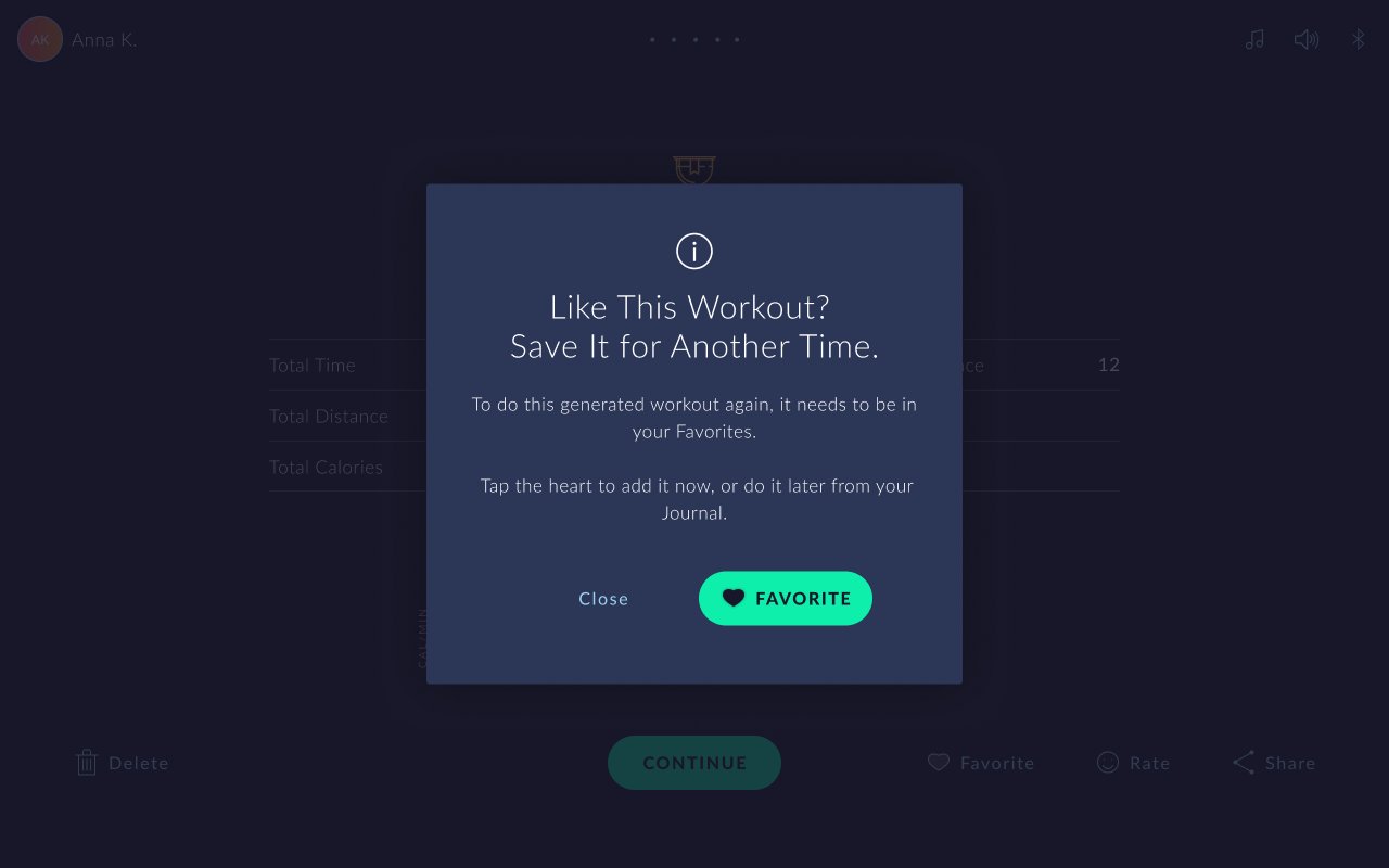 JRNY post-workout popup reading Like This Workout? Save It for Another Time, with Close and Favorite buttons.
