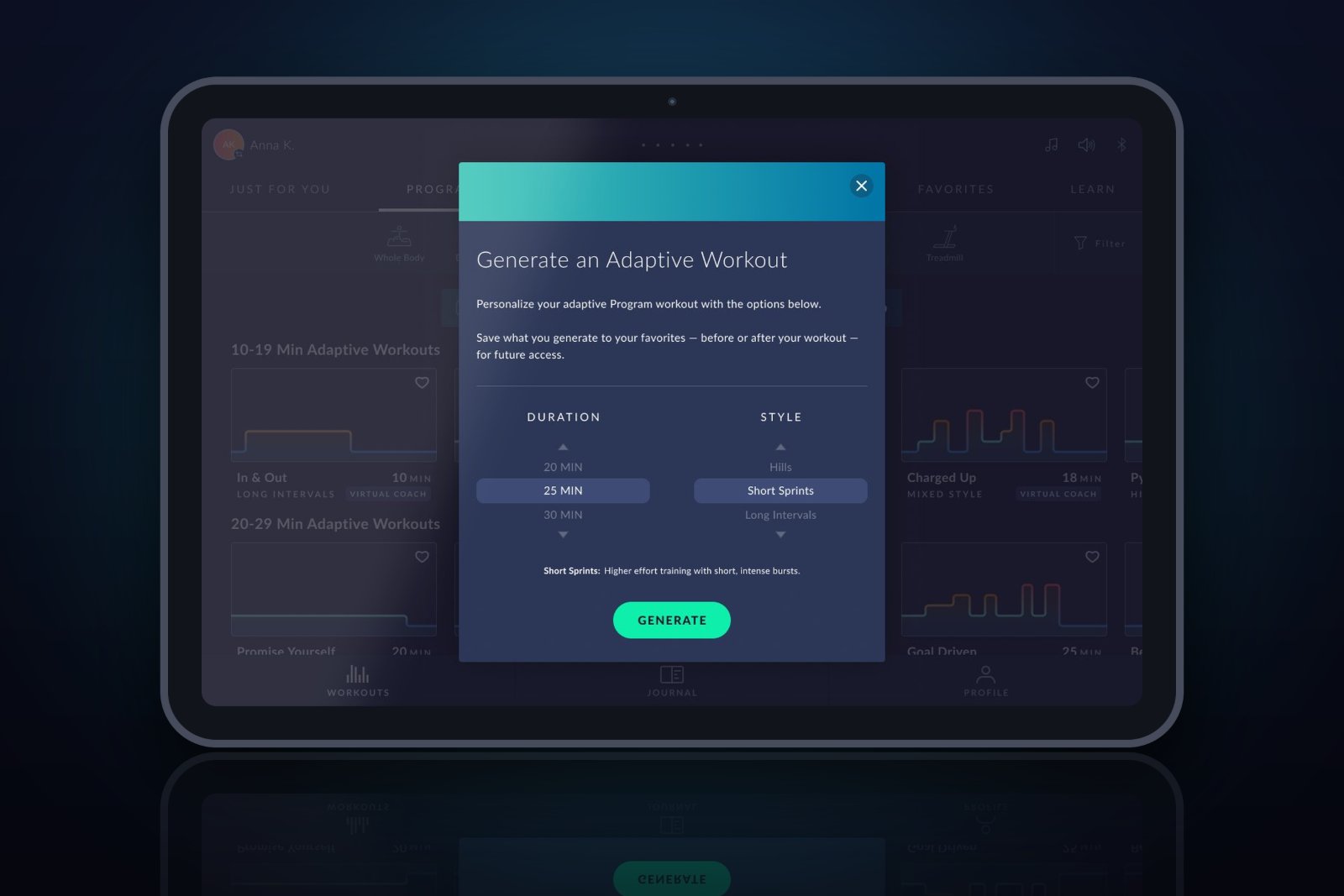 JRNY workout generator modal on a tablet, showing the Generate an Adaptive Workout screen with duration and style selectors.