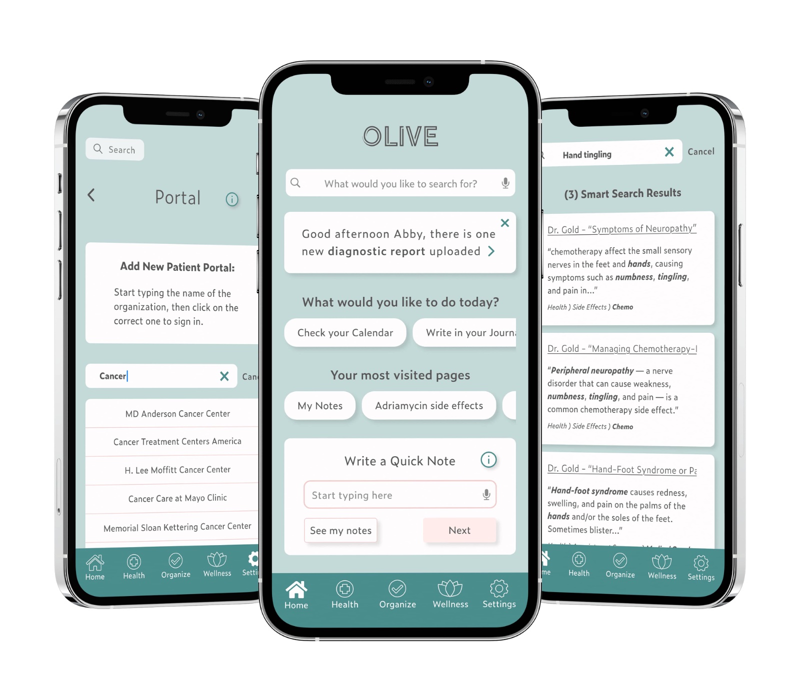 High-fidelity Olive app shown across three phones.