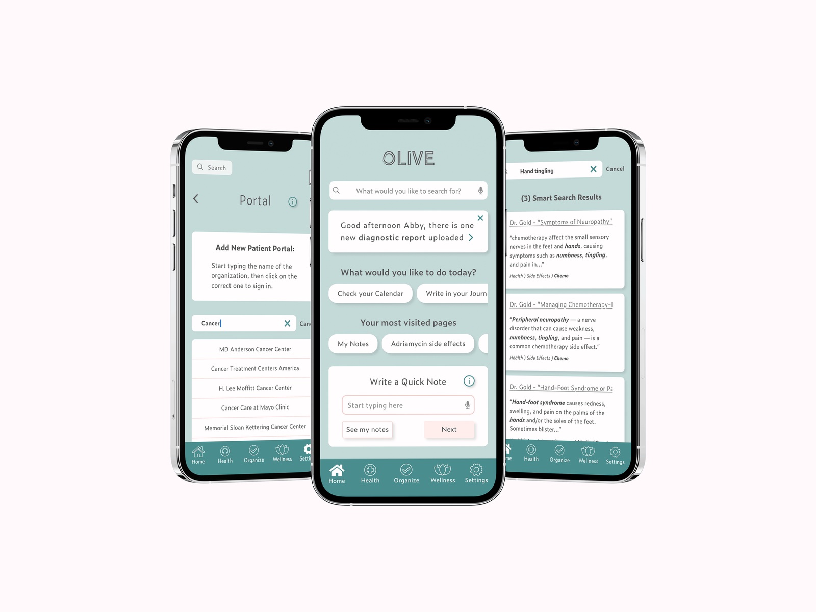 High-fidelity Olive screens on a coral background showing the home, portal, smart search, and health pages.