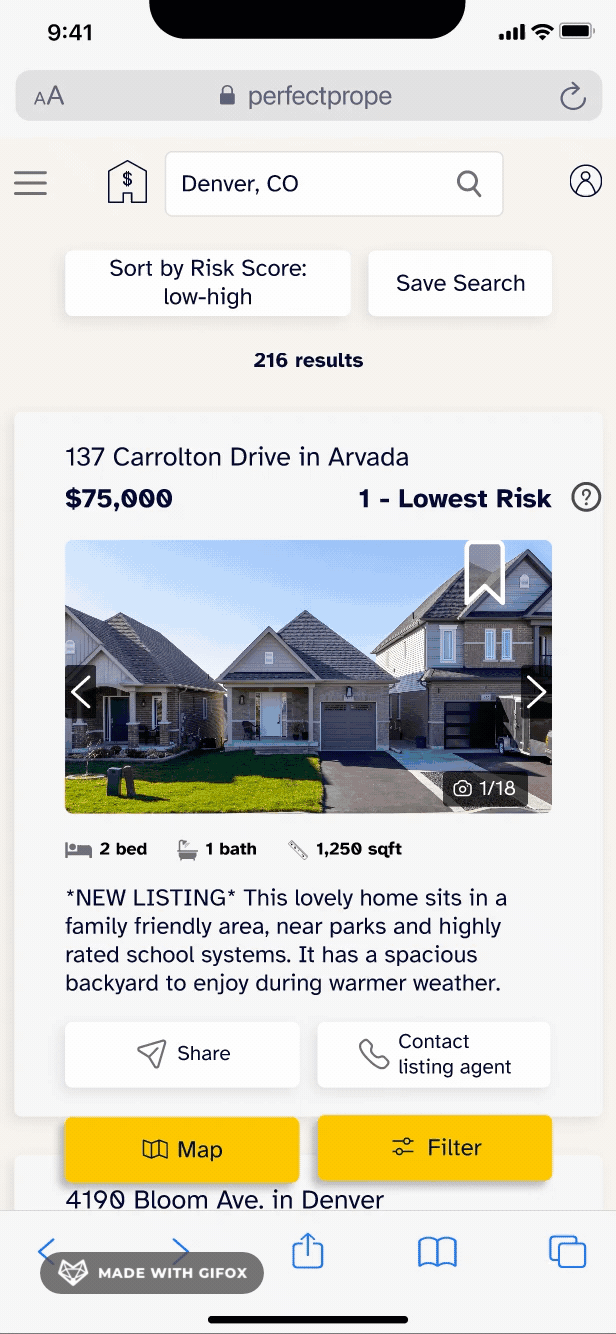 Animated bookmarking flow: saving a property and being prompted to create an account.