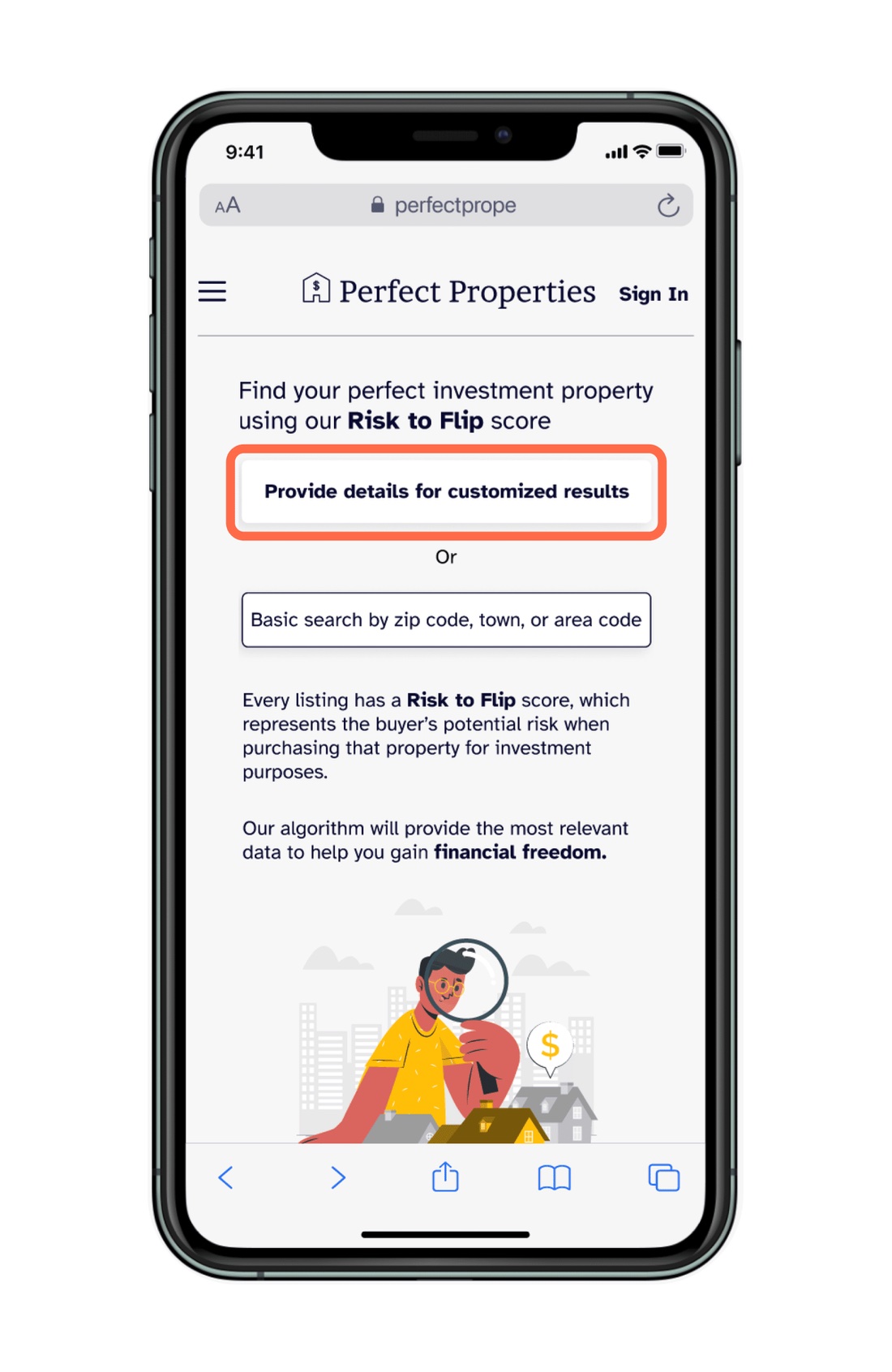 High-fidelity landing screen with the fix-and-flip investment type selected and its color theme applied.