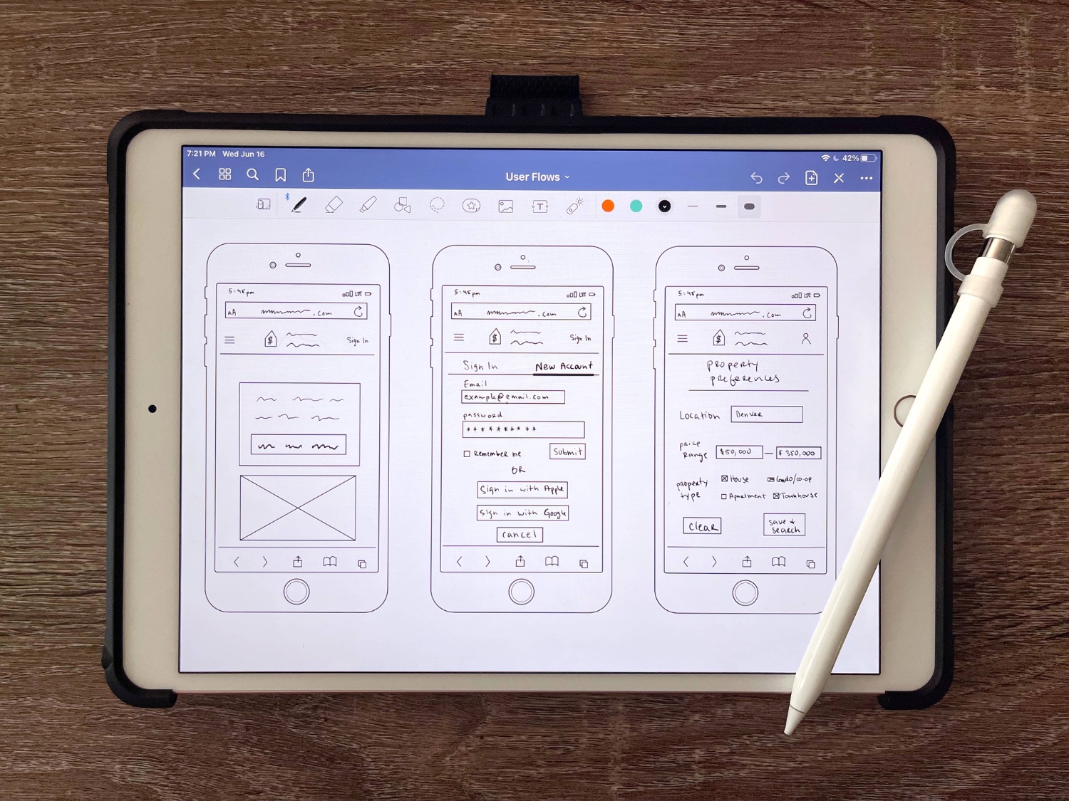 Hand-drawn iPad sketches of the landing, sign-in, and property-preferences screens.