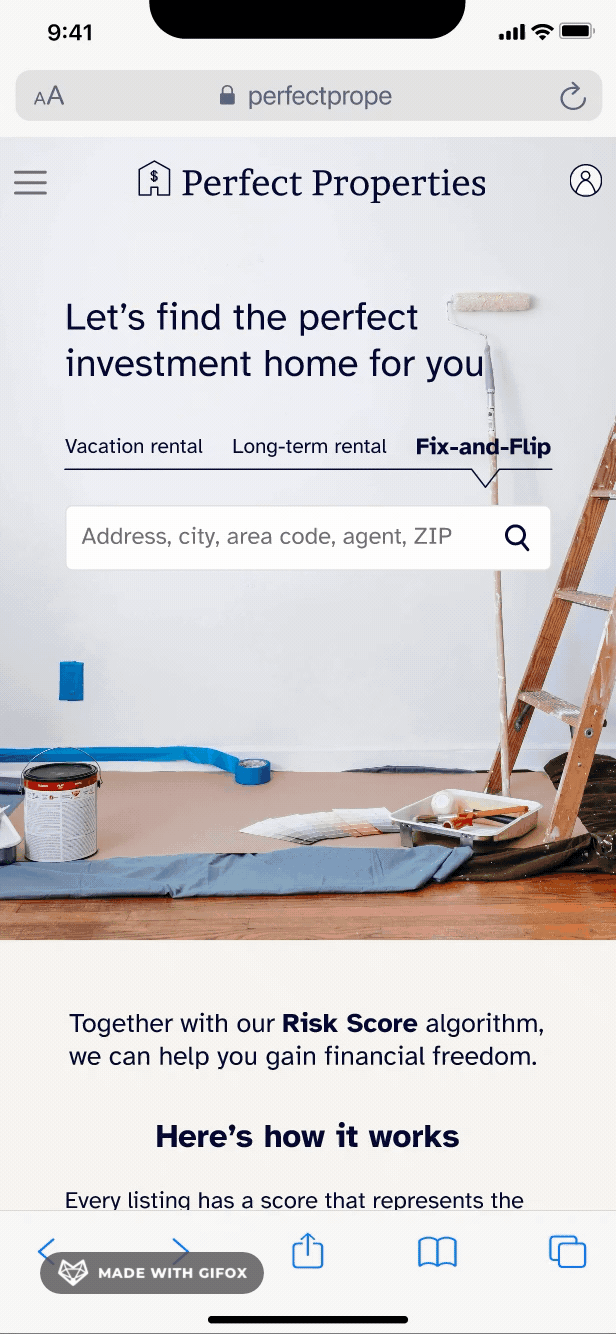 Animated walkthrough from the Perfect Properties landing page, with its investment-type tabs and search, down to how the Risk Score works.
