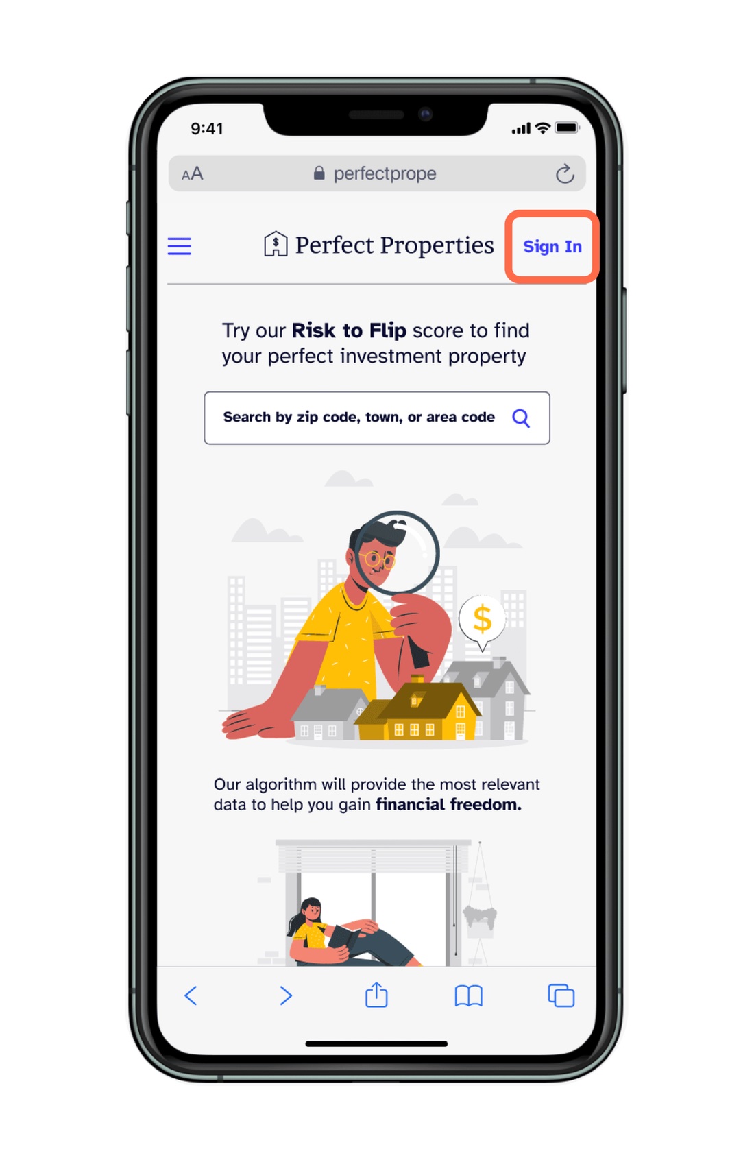 Mid-fidelity results screen with property photos and the tan fix-and-flip color theme.