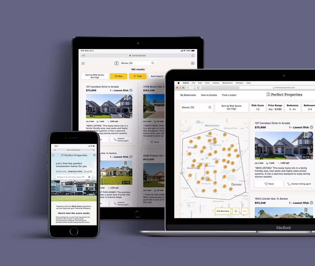Perfect Properties across three breakpoints: phone, tablet, and desktop, showing how the results and map layouts adapt.