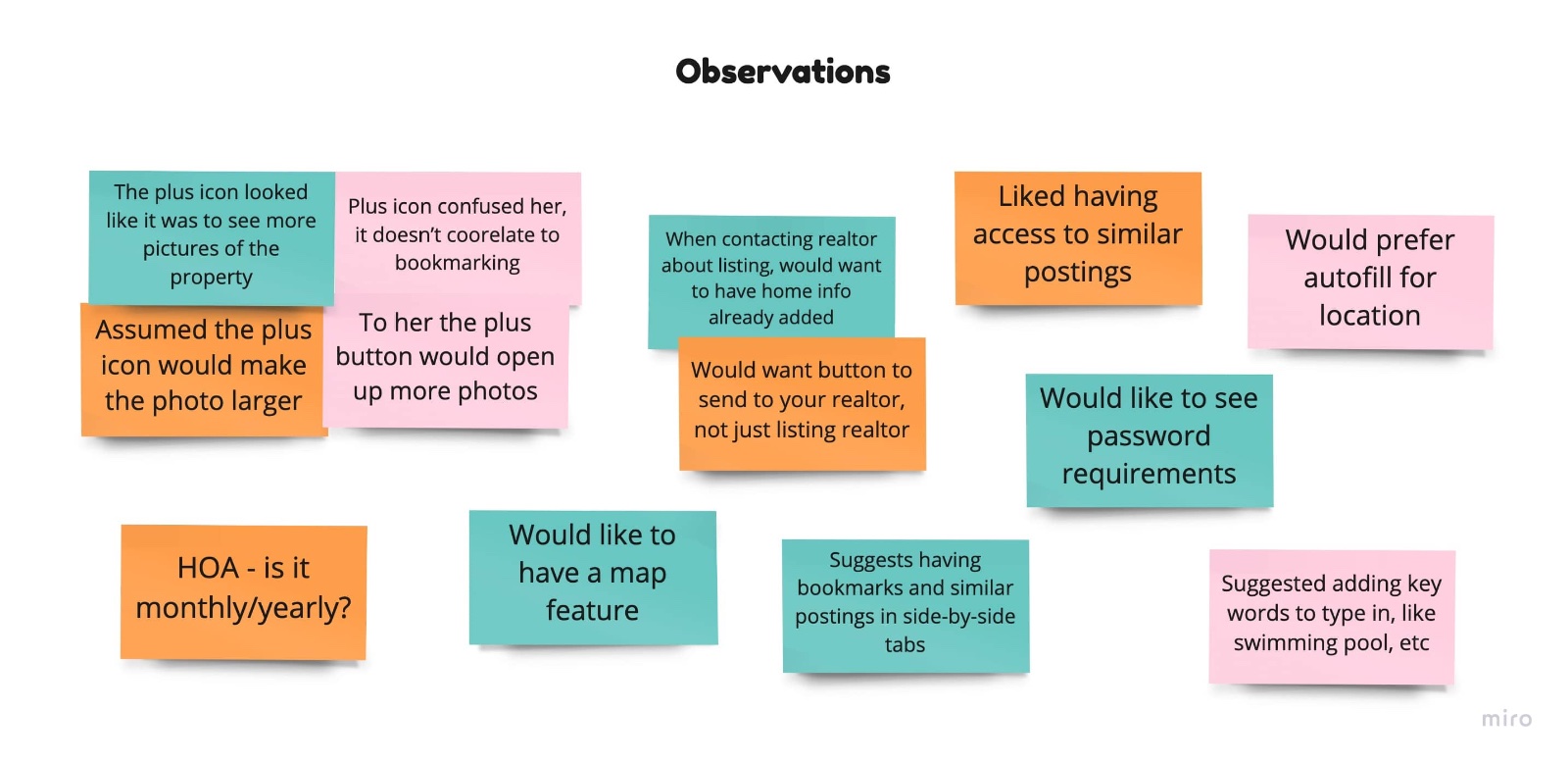 Round-one usability observations on sticky notes: bookmark plus-icon confusion, wanting a map feature, and HOA monthly-versus-yearly questions.