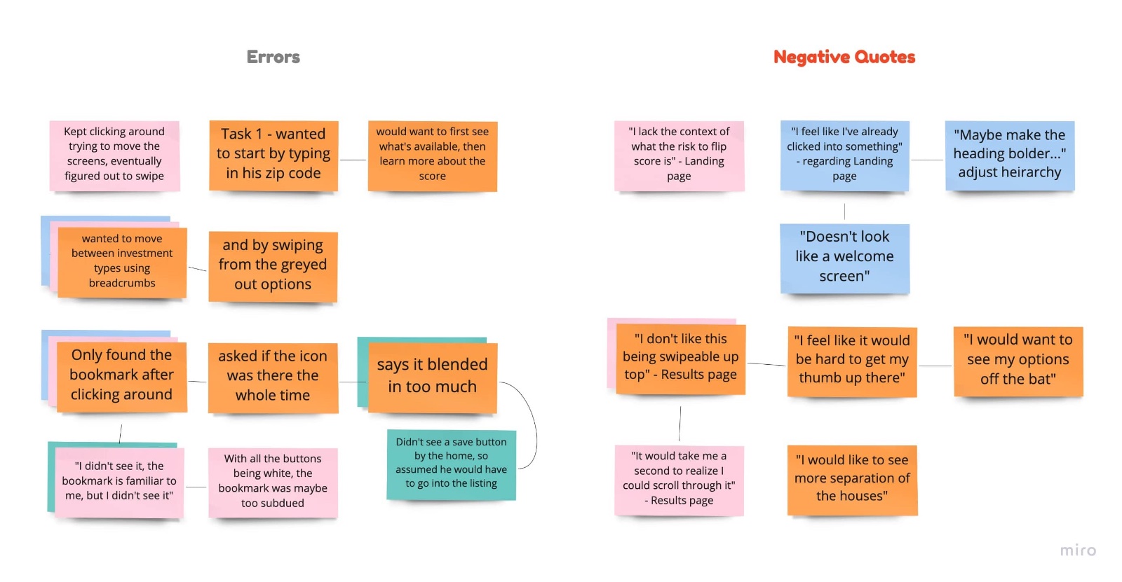 Round-two usability findings on sticky notes: errors and negative quotes about the landing page not looking like a welcome screen, scroll discoverability, and the bookmark blending in.